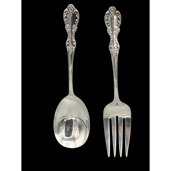 Wm Rogers GRAND ELEGANCE Silver-Plated Ornate Serving Spoon & Meat Fork Set VTG - Picture 1 of 13